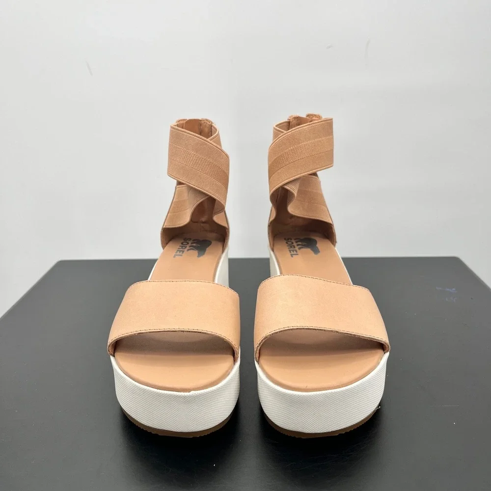 Sorel Kinetic Sandal Womens 6 Tan Good Platform Wedge NL3997-246 Strappy Zip